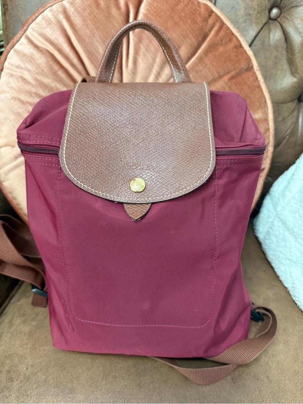 Longchamp Burgundy Nylon Backpack with Brown Leather Flap